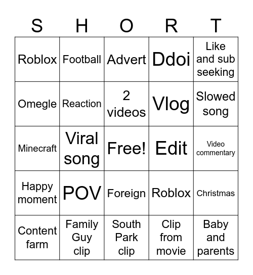 Yt shorts Bingo Card