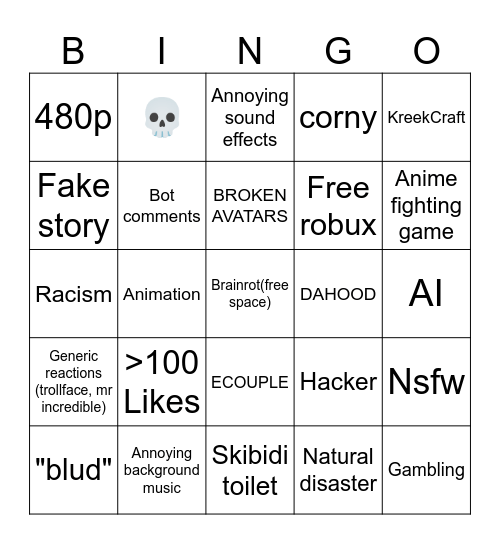 ROBLOX SHORTS Bingo Card