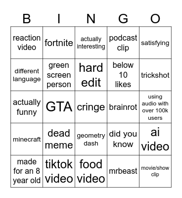 youtube shorts bingo Card