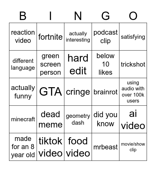 youtube shorts bingo Card