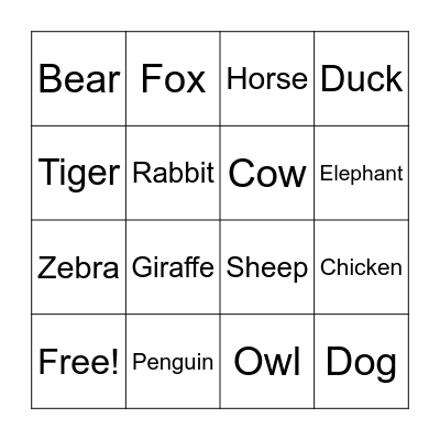 Animal Bingo Card