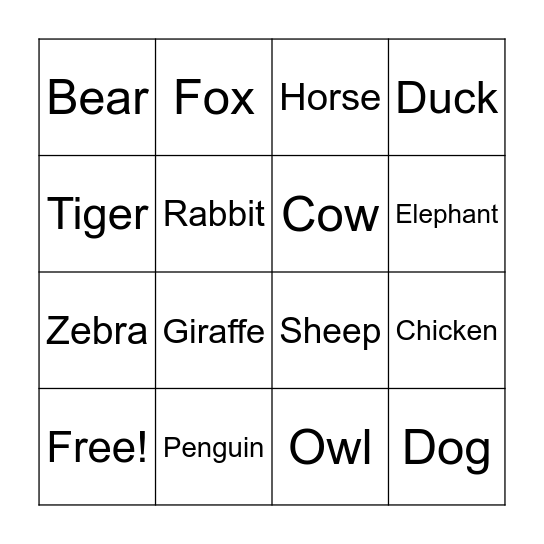 Animal Bingo Card