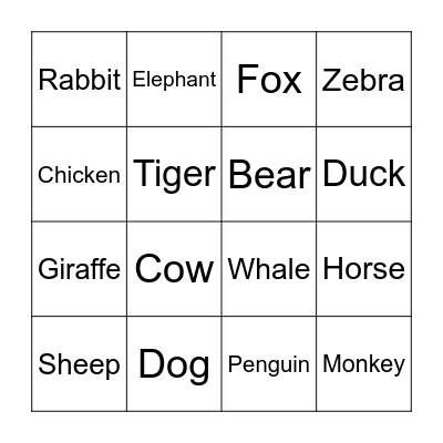 Animal Bingo Card