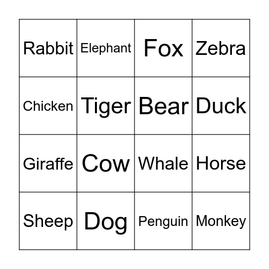 Animal Bingo Card