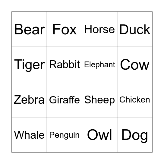 Animal Bingo Card