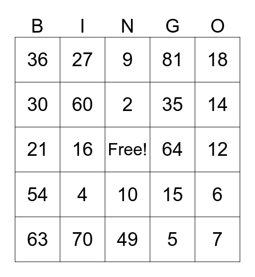 Multiplication Bingo Card