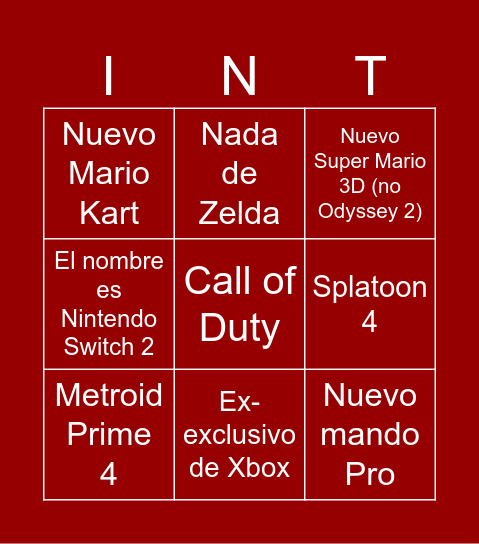 Presentación sucesora Nintendo Switch Bingo Card