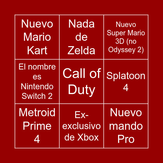 Presentación sucesora Nintendo Switch Bingo Card