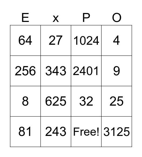 Exponent Bingo Card