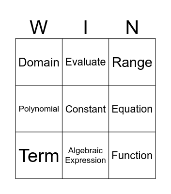 Sample: Algebra Keystone Vocabulary Bingo Card