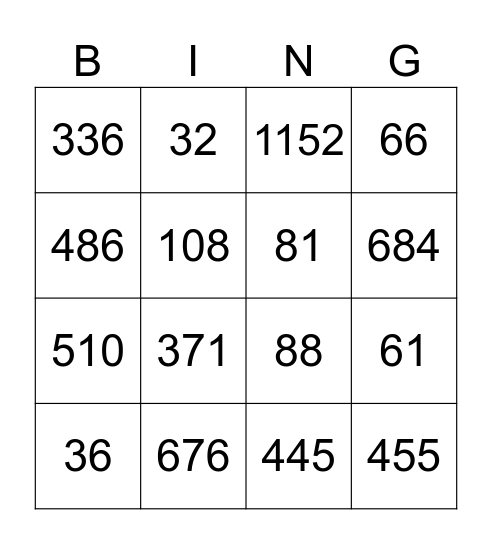 Multiplication and Division Bingo Card