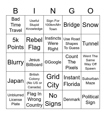 Geoguessr Co-Op Bingo Card