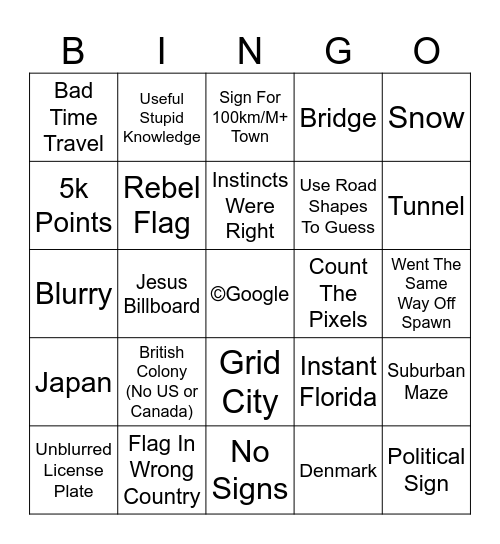 Geoguessr Co-Op Bingo Card