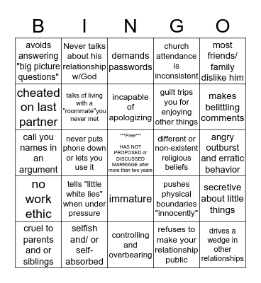 RED FLAGS IN RELATIONSHIPS Bingo Card