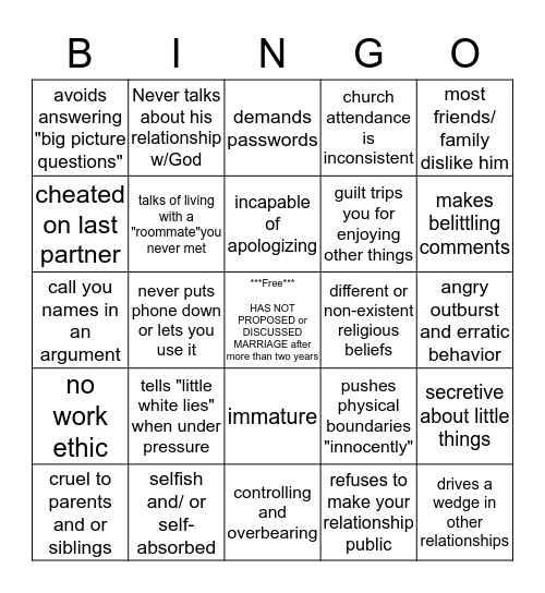 RED FLAGS IN RELATIONSHIPS Bingo Card