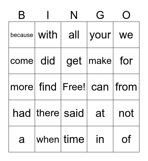 High Frequency Word Bingo Card