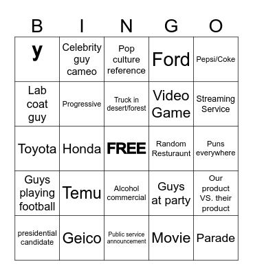 Super Bowl Commercial Bingo Card