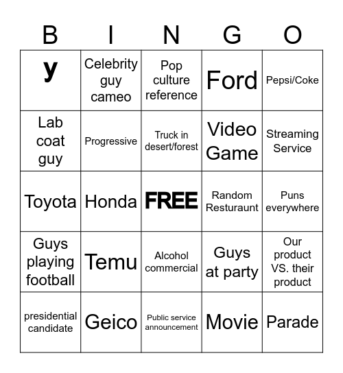 Super Bowl Commercial Bingo Card