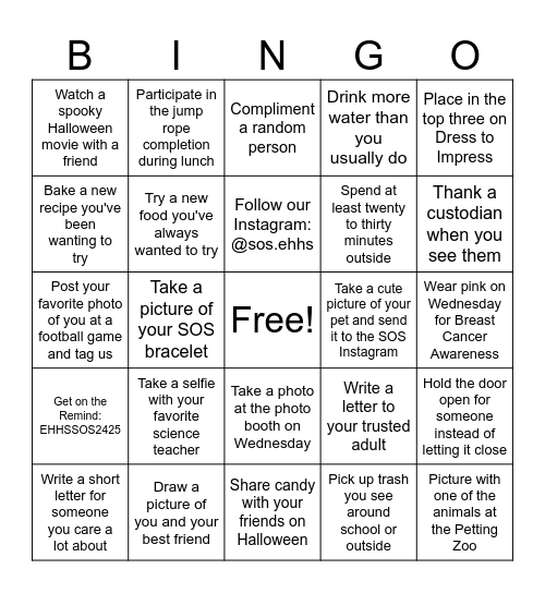 SOS WEEK Bingo Card