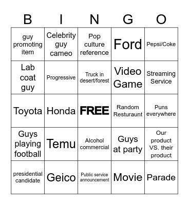 Super Bowl Commercial Bingo Card