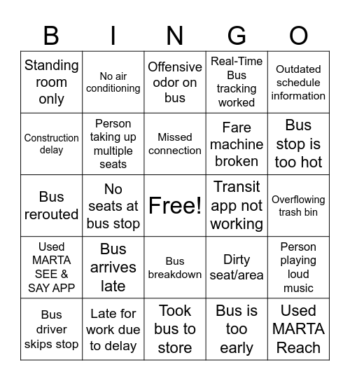 Transit Bingo Card