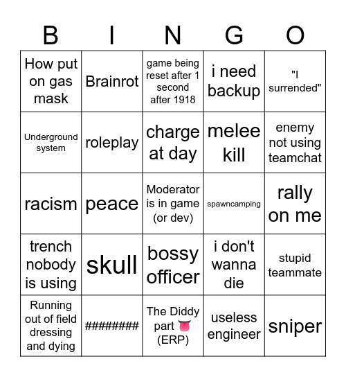 Trench War Bingo Card