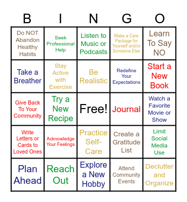 Holiday Stress/Loneliness Coping Skills Bingo Card