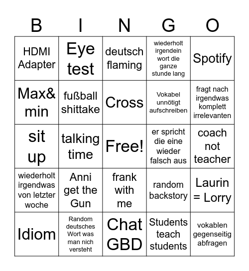 Donovan Dienstag Bingo Card