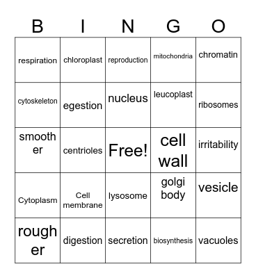 Cell Jobs and Organelles Bingo Card