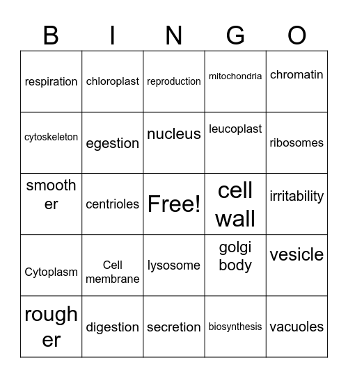 Cell Jobs and Organelles Bingo Card