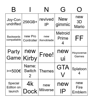 Nintendo Switch 2 Bingo Card