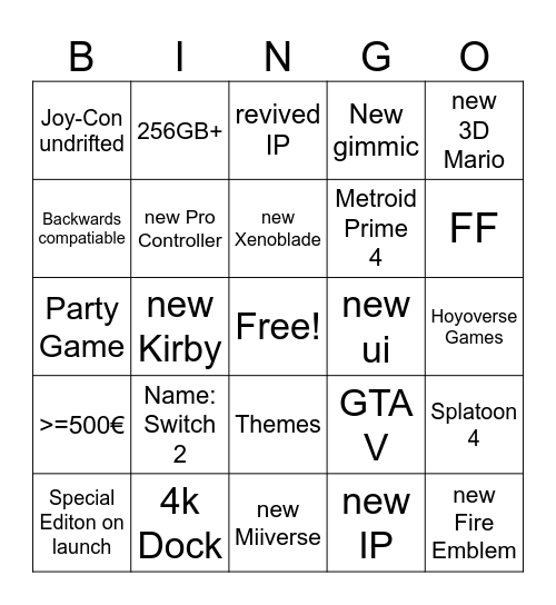 Nintendo Switch 2 Bingo Card