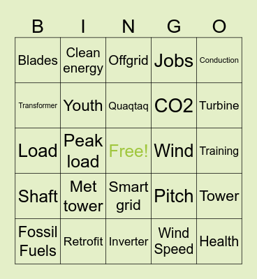 Wind Energy Bingo Card