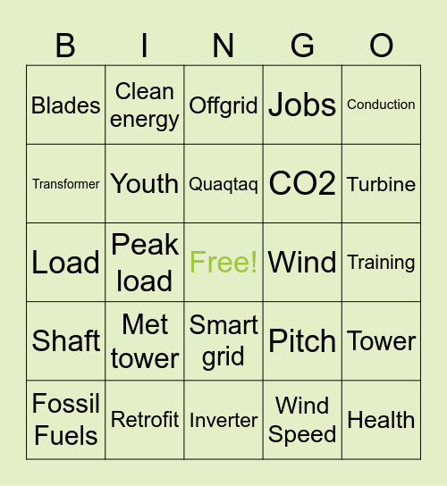 Wind Energy Bingo Card