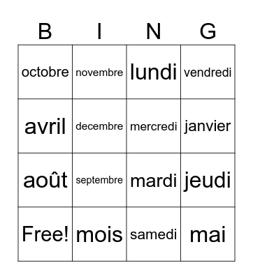 French Months Bingo Card