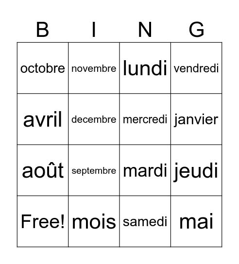 French Months Bingo Card