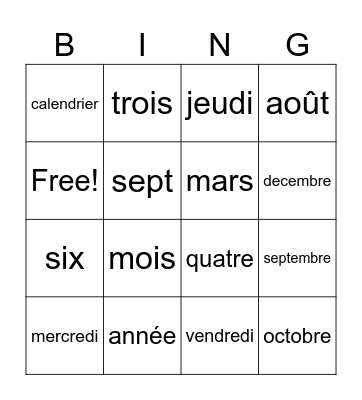 French Months Bingo Card