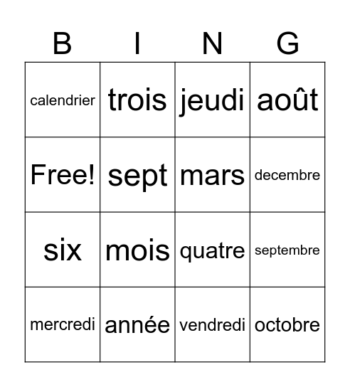 French Months Bingo Card