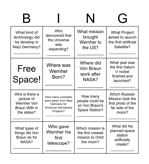 Wernher Von Braun Bingo Card