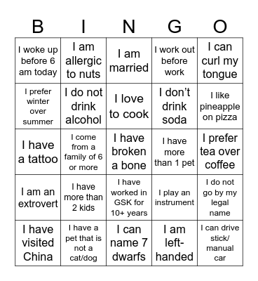 Get to Know You Bingo Card
