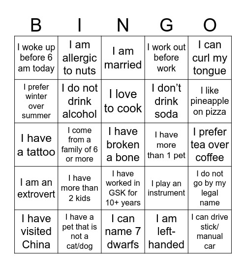 Get to Know You Bingo Card