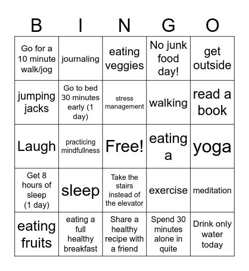 NUTRITION BINGO Card