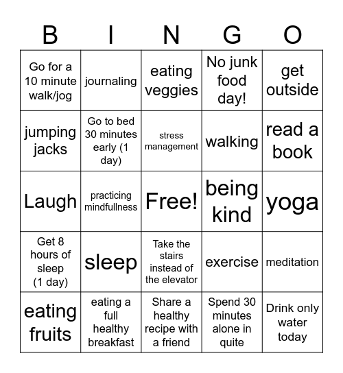 NUTRITION BINGO Card