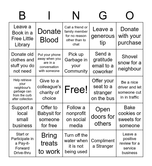 Small Acts of Kindness Bingo Card