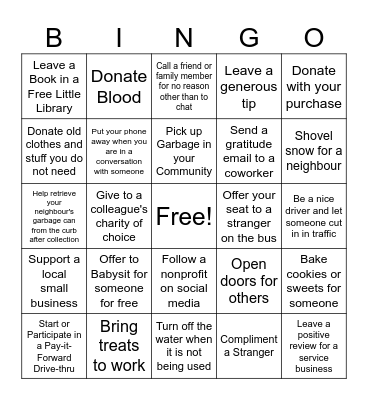 Small Acts of Kindness Bingo Card