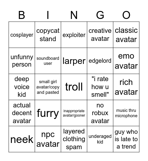 rate my avatar bingo Card