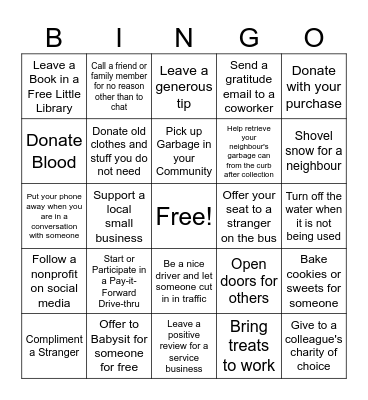 Small Acts of Kindness Bingo Card