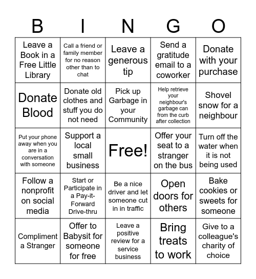 Small Acts of Kindness Bingo Card
