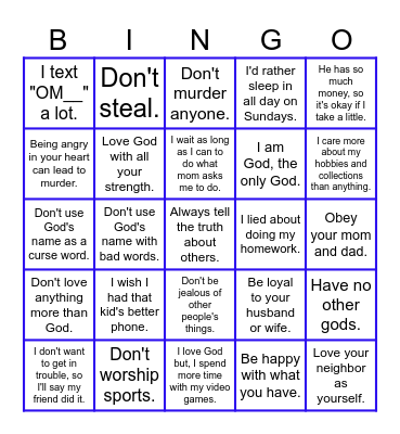 10 Commandments Bingo Card