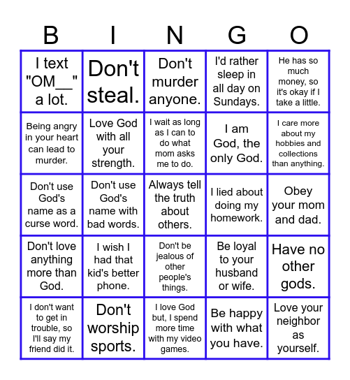 10 Commandments Bingo Card